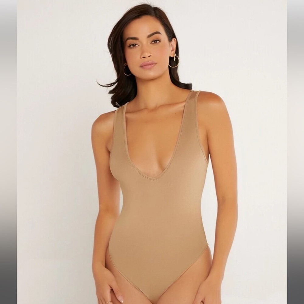(NEW) SHEIN BASICS Plunging Neck Slim Fit Tank Bodysuit - Camel